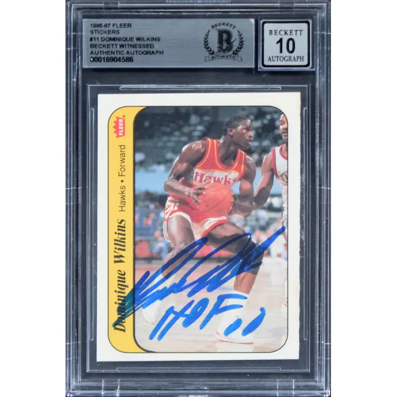 Hawks Dominique Wilkins HOF Signed 1986 Fleer Stickers #11 RC Auto 10 BAS Slab 3