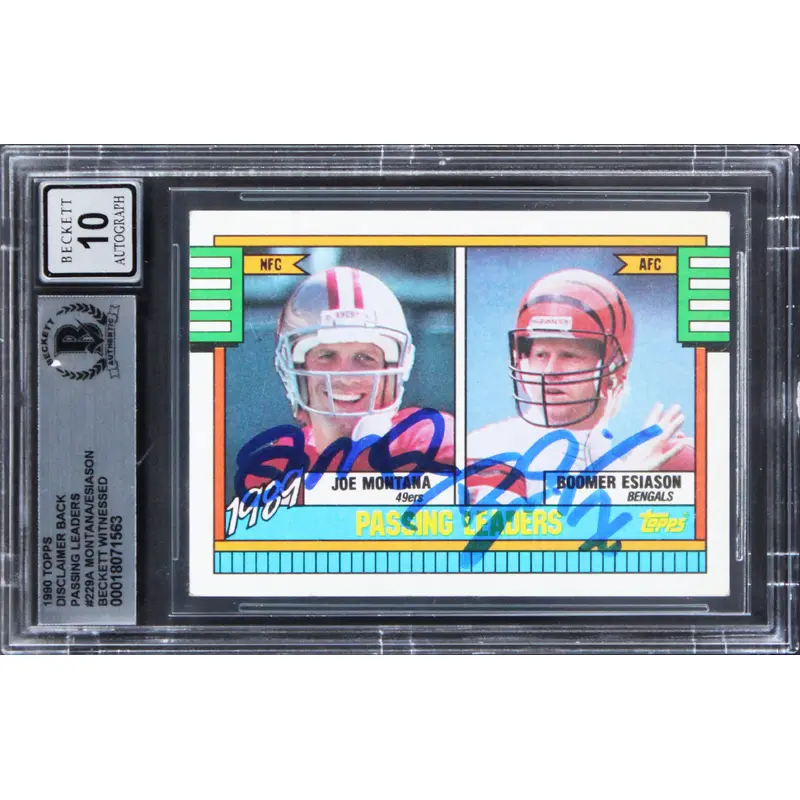 Montana & Esiason Signed 1990 Topps Disclaimer PL #229A Card Auto 10 BAS Slabbed