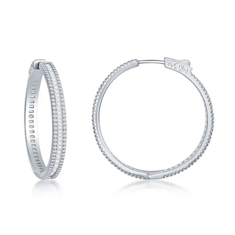 Sterling Silver Baguette CZ 35mm Hoop Earrings