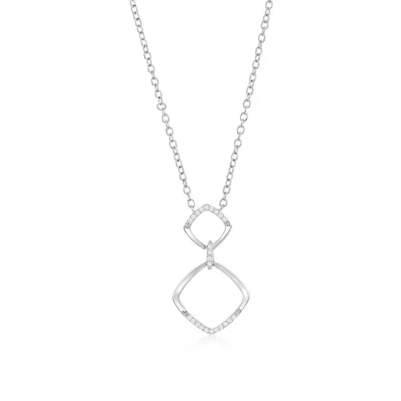 Sterling Silver Double Sqaure Diamond Necklace - (24 Stones)