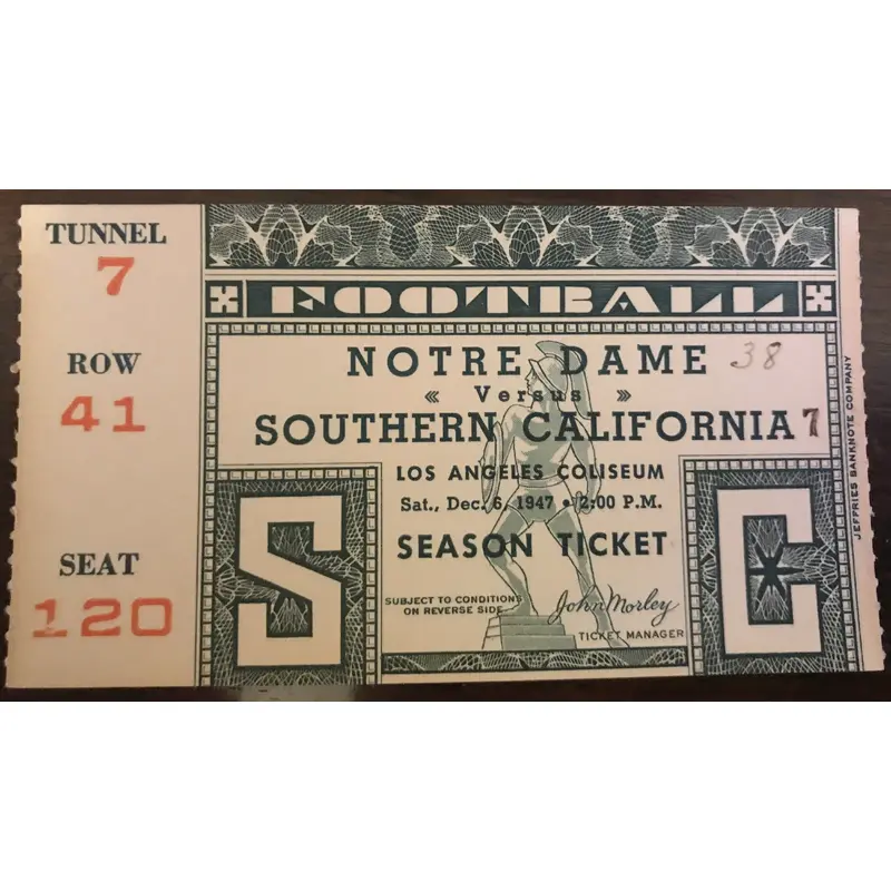 1947 Notre Dame vs USC Football Ticket Stub
