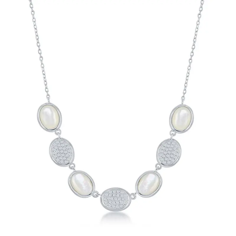 Sterling Silver Alternating Oval Micro Pave and Mother of Pearl Necklace