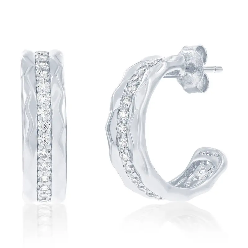 Sterling Silver, Lined CZ Half Hoop Earrings