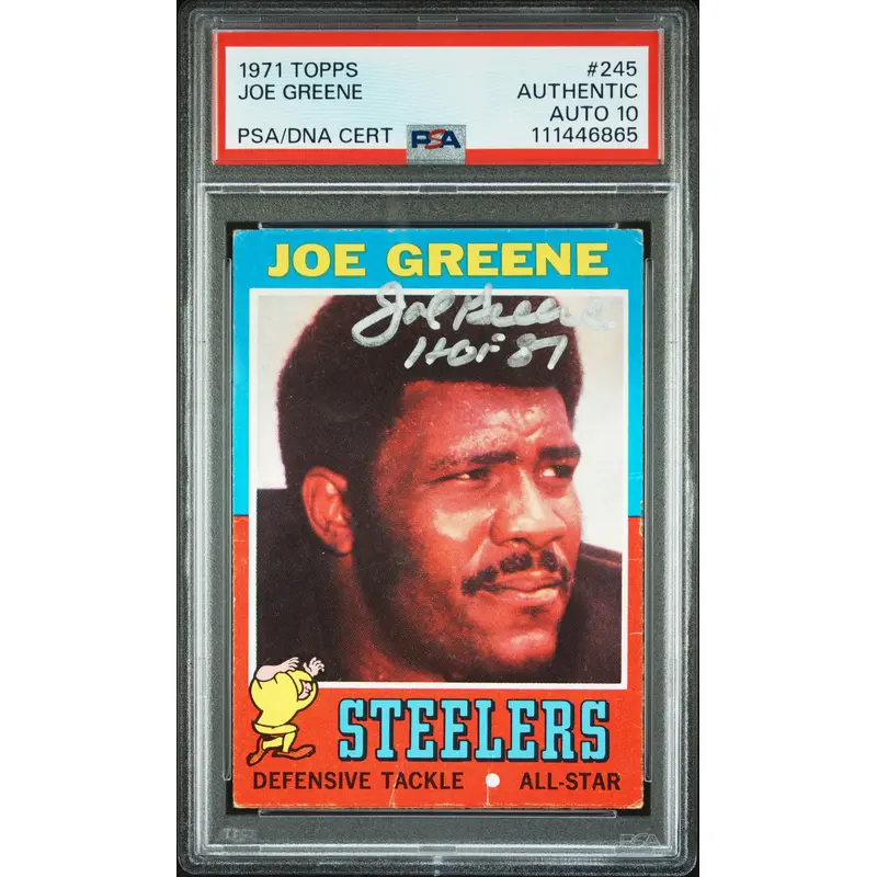 Steelers Joe Greene "HOF 87" Signed 1971 Topps #245 RC Card Auto 10! PSA Slab 1