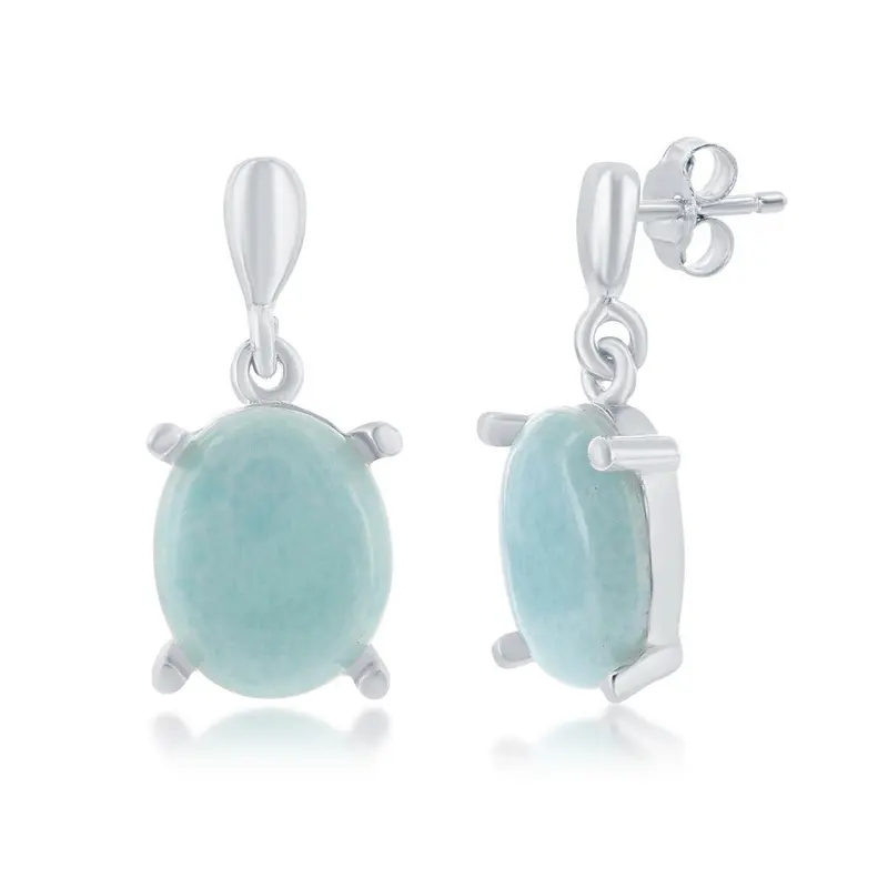 Sterling Silver Four-Prong Oval Larimar Dangle Earrings