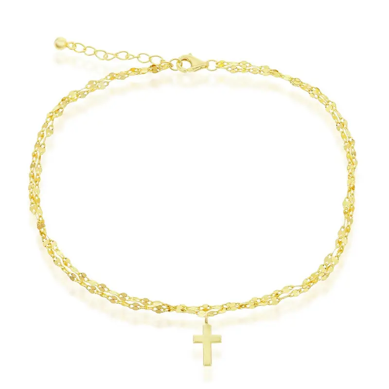 Sterling Silver, Double Strand Mirror Chain w/ Cross Charm Anklet - Gold Plated
