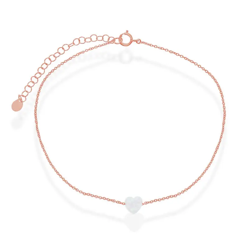 Sterling Silver White Opal Heart Anklet - Rose Gold Plated