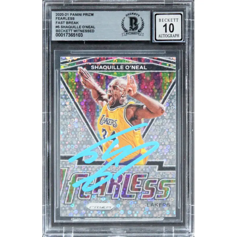 Lakers Shaquille O'Neal Signed 2020 Panini Prizm Fearless FB #5 Card BAS Slab
