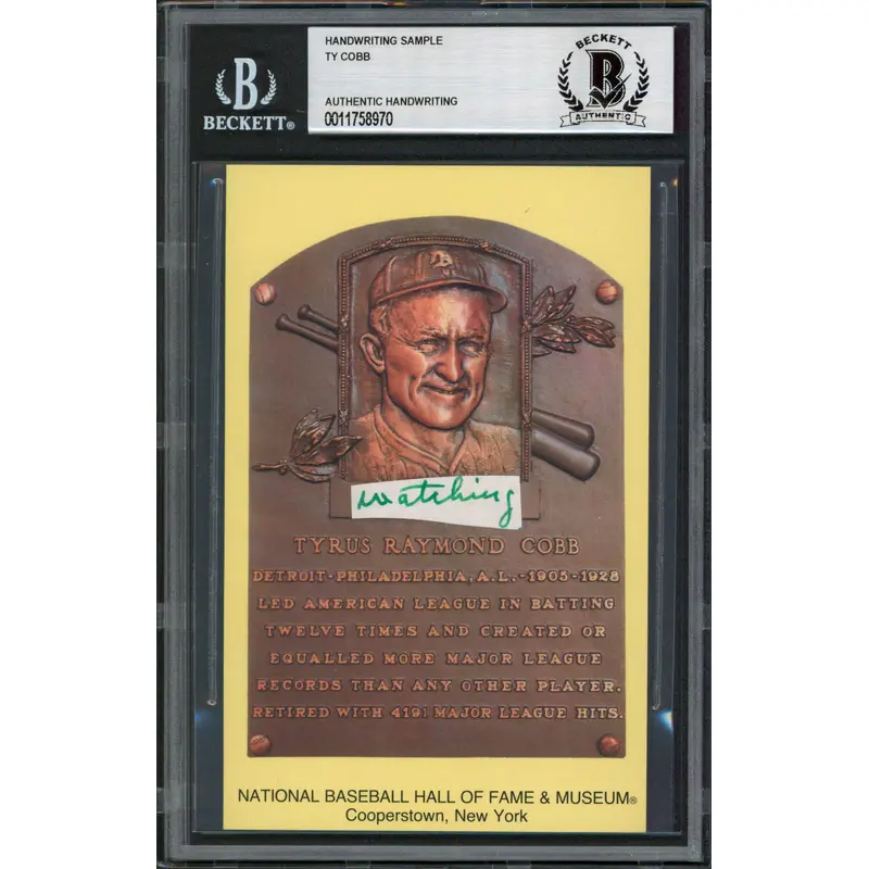 Tigers Ty Cobb Writing Sample 3.5x5.5 HOF Plaque Postcard BAS Slabbed 14