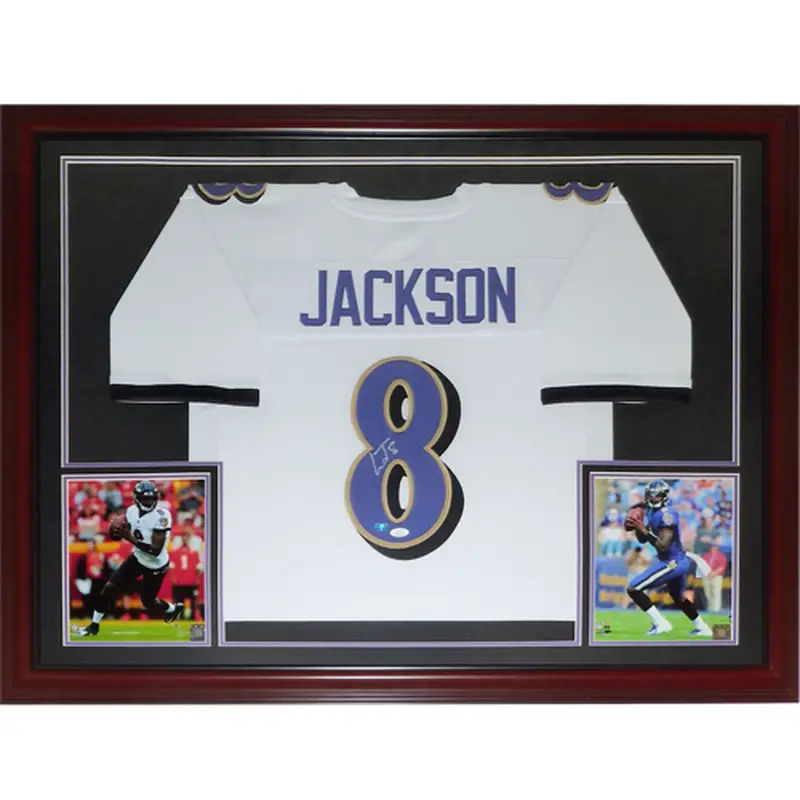 Lamar Jackson Autographed Baltimore (White #8) Deluxe Framed Jersey - JSA