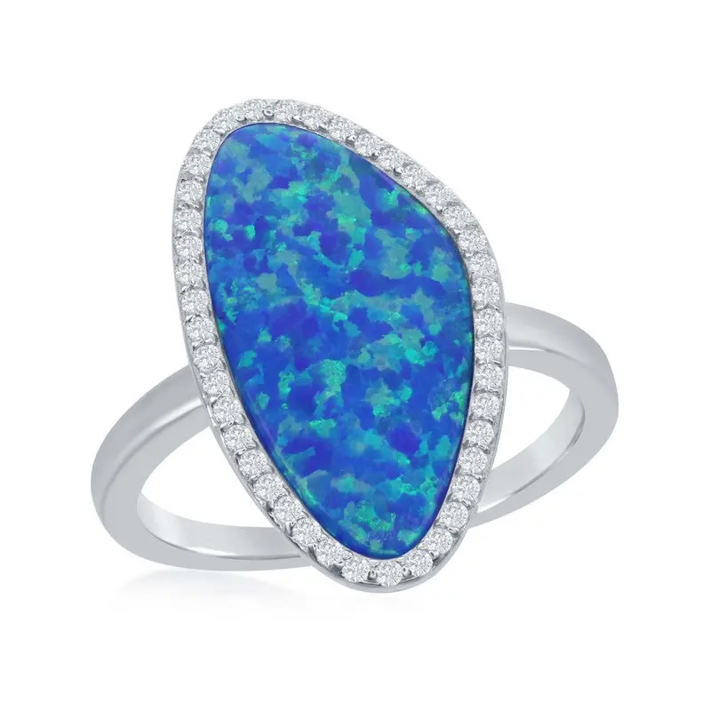 Sterling Silver Blue Inlay Opal Irregular Shape with CZ Border Ring