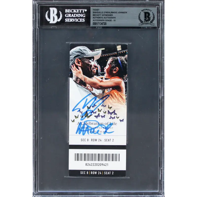 Shaquille O'Neal & Magic Johnson Signed Kobe Bryant COL Ticket Auto 10! BAS Slab