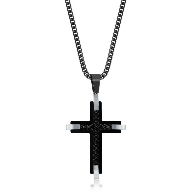 Stainless Steel Black & Silver Chevron Cross Necklace