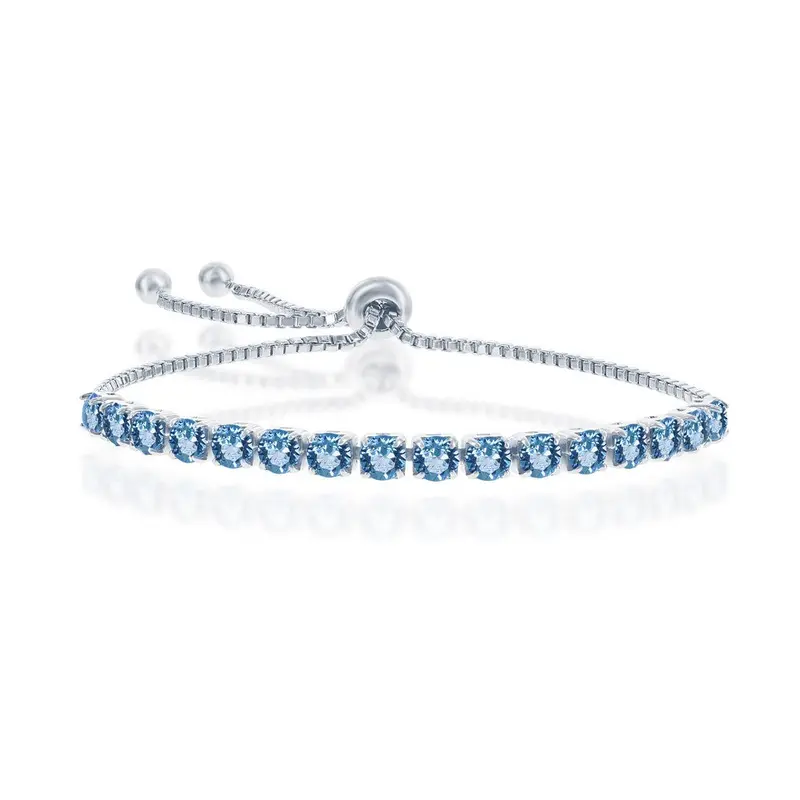 Sterling Silver 4MM Aquamarine "March" Swarovski Element Adjusatble Bolo Bracelet