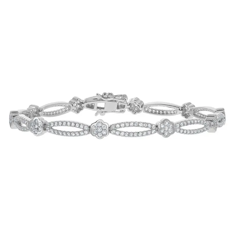 Sterling Silver Flower and Open Oval 2.85cttw White Topaz Bridal Bracelet