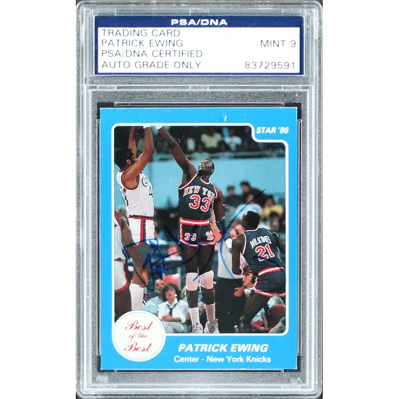 Knicks Patrick Ewing Signed Star '86 Rookie Card Auto Graded Mint 9! PSA Slabbed