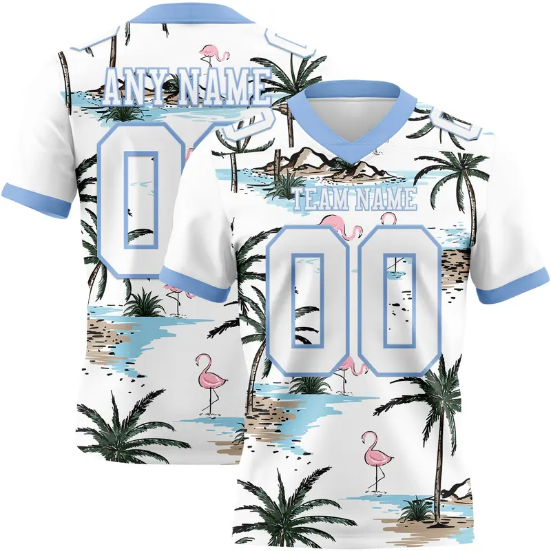 Custom White Light Blue 3D Pattern Hawaii Palm Trees Mesh Authentic Football Jersey