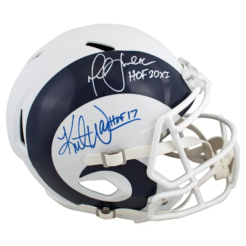 Rams Kurt Warner & Marshall Faulk Signed Flat White F/S Speed Rep Helmet BAS