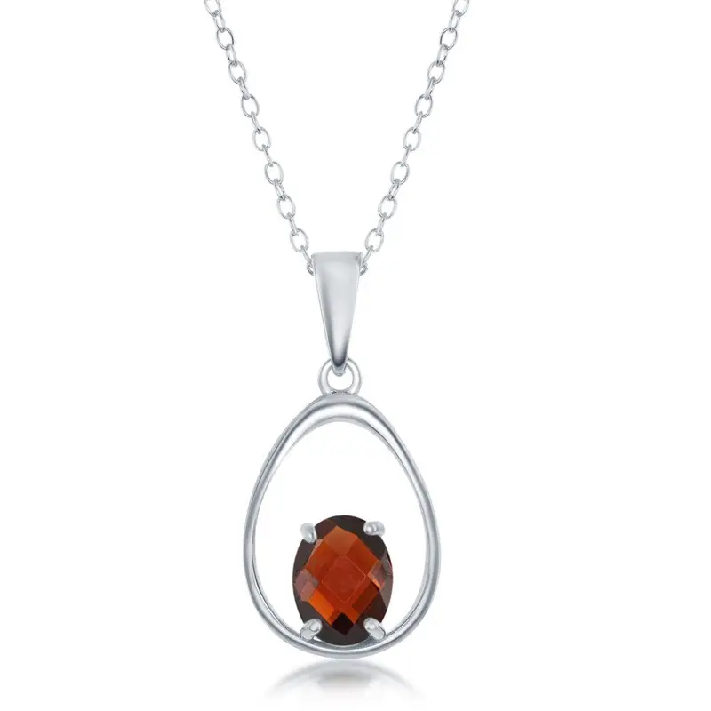 Sterling Silver, Pear-Shaped, Four-Prong Gem Necklace - Garnet