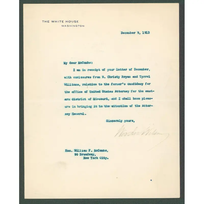 Woodrow Wilson Signed 7x8.8 1913 Letter On White House Letterhead BAS #AB14537