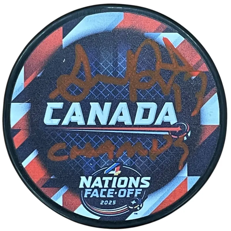 Sam Reinhart Autographed Team Canada 4 Nations Hockey Puck w/ "Champs" - JSA