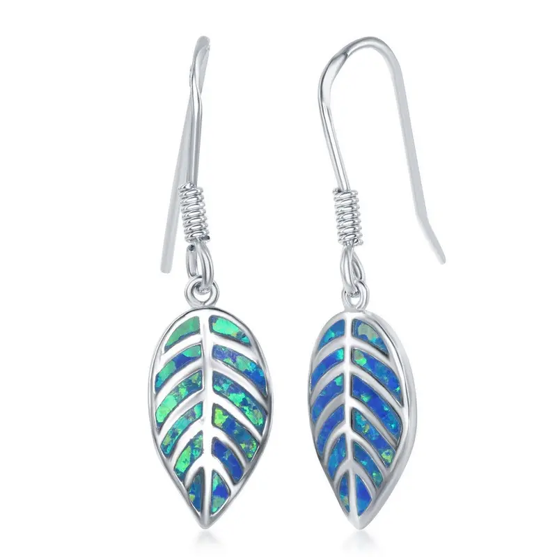 Sterling Silver Blue Inlay Opal Leaf Earrings