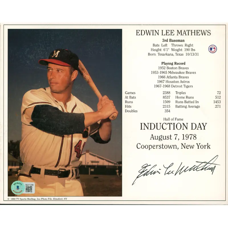 Braves Edwin Lee Mathews Authentic Signed 8x10 Photo Autographed BAS #BD71796