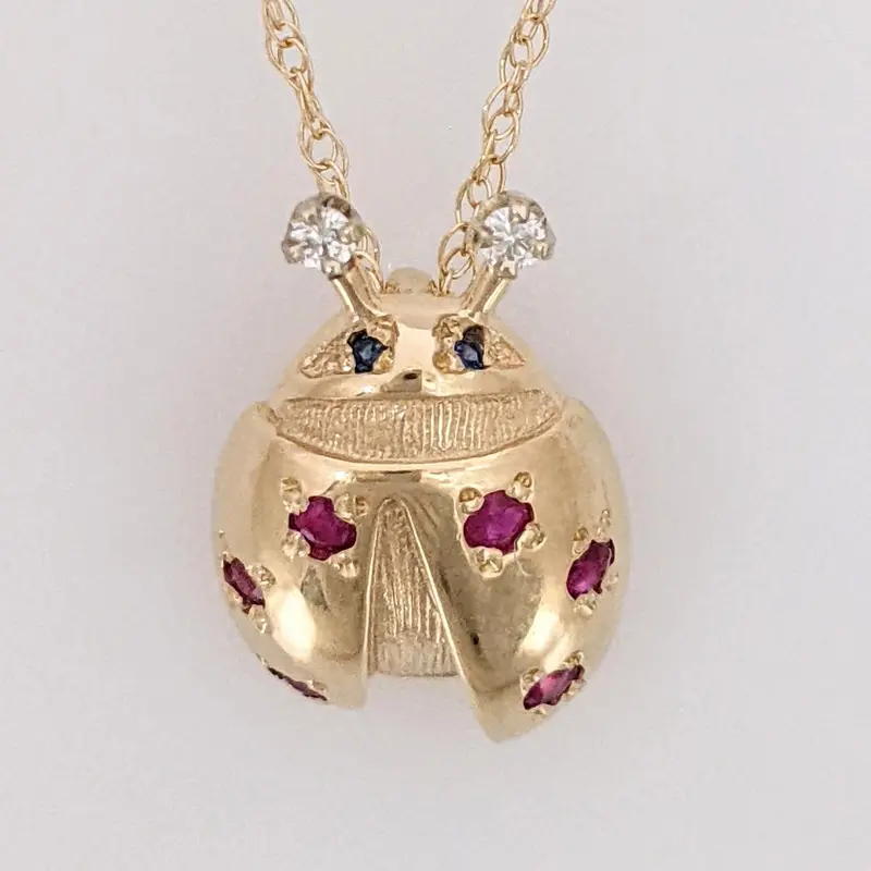 14K LADYBUG WITH (6) ROUND RUBY AND (2) MELEE ESTATE PENDANT & CHAIN 3.3 GRAMS