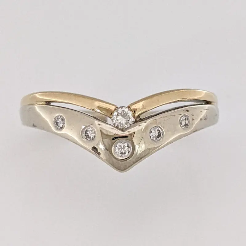 14K TWO-TONE DIAMOND ROUND (6) FLUSH SET ESTATE 2-ROW V BAND 3.4 GRAMS