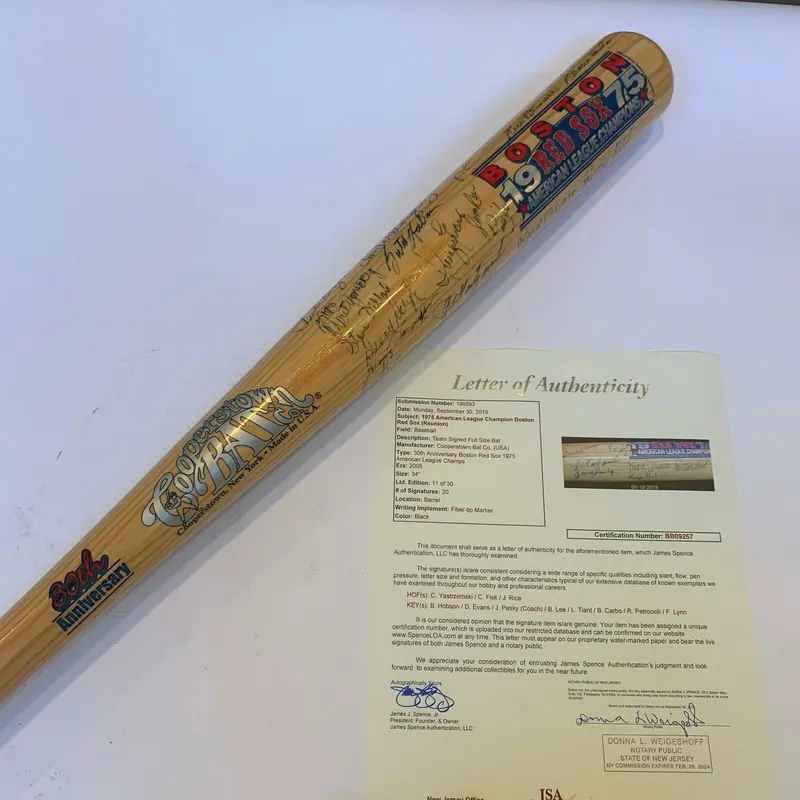 1975 Boston Red Sox AL Champions Team Signed Cooperstown Bat Carl Yaz  JSA COA