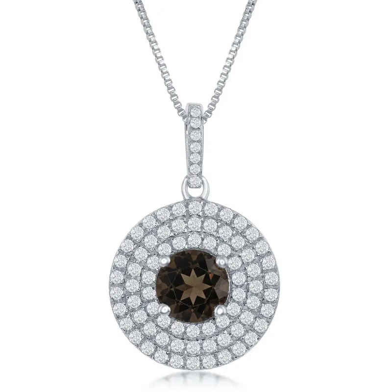 Sterling Silver Round 0.85ctw White Topaz with Center 1.3ctw Smokey Quartz  Necklace
