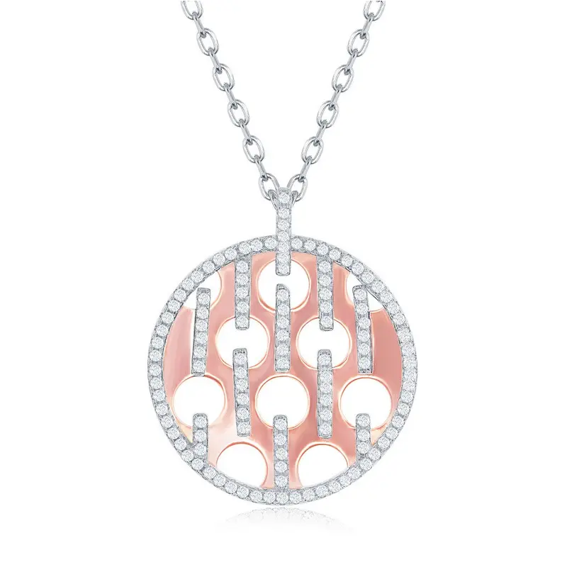 Sterling Silver Shiny Disc with Circle Cut-outs & CZ Bars Necklace - Rose Gold Plated