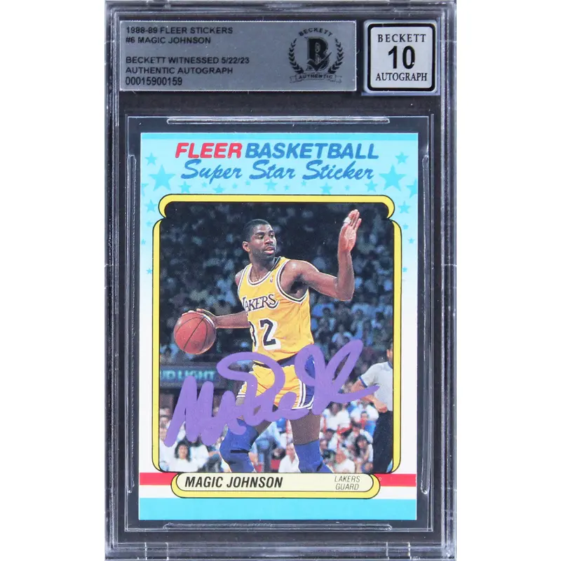 Lakers Magic Johnson Signed 1988 Fleer Stickers #6 Card Auto 10! BAS Slabbed