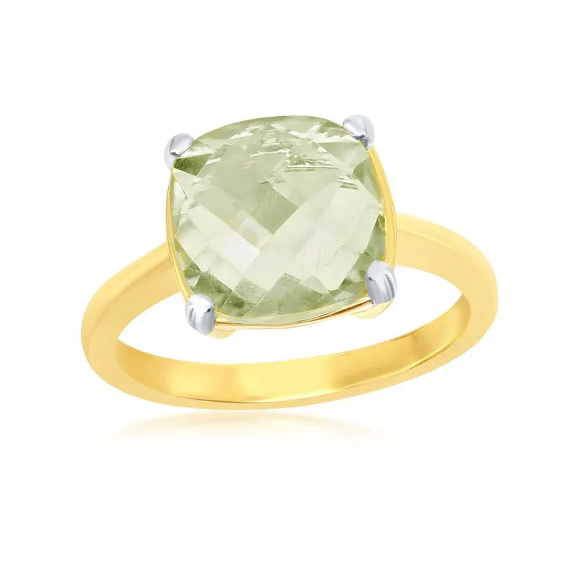 Sterling Silver Gold Plated Four-Prong Checkered 3.44cttw Green Amethyst Ring