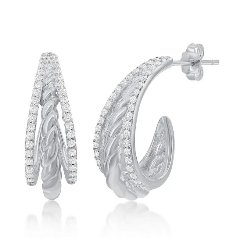 Sterling Silver, Triple Row CZ & Twist Design Half Hoop Earrings