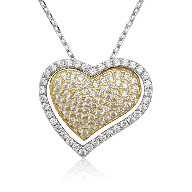 Sterling Silver  Open CZ Heart with GP CZ Heart Inside Necklace