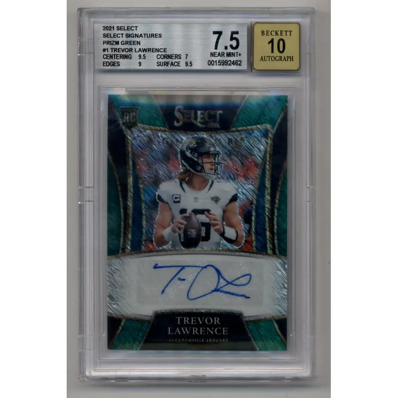 Trevor Lawrence 2021 Select Signatures Prizm Green 3/5 BGS 7.5 Near Mint+ Auto 10