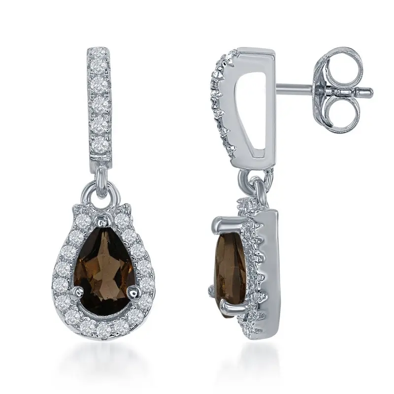 Sterling Silver .76 ct Pear Smoky Quartz with .398 ct White Topaz Earring