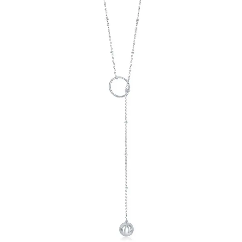 Sterling Silver Circle with Hanging Bead Beaded Lariat Necklace
