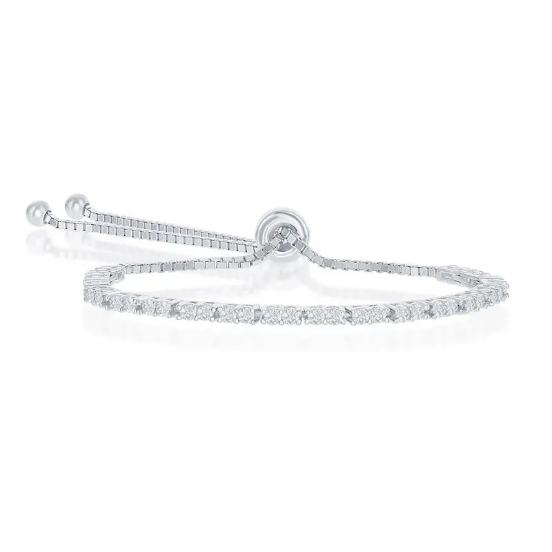 Sterling Silver 2MM CZ 'April Birthstone'Tennis Adjustable Bolo Bracelet