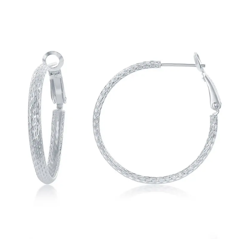Sterling Silver 30mm Grid-Like Design Hoop Earrings
