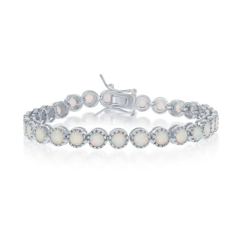 Sterling Silver Round White Inlay Opal With Beaded Border Tennis Bracelet