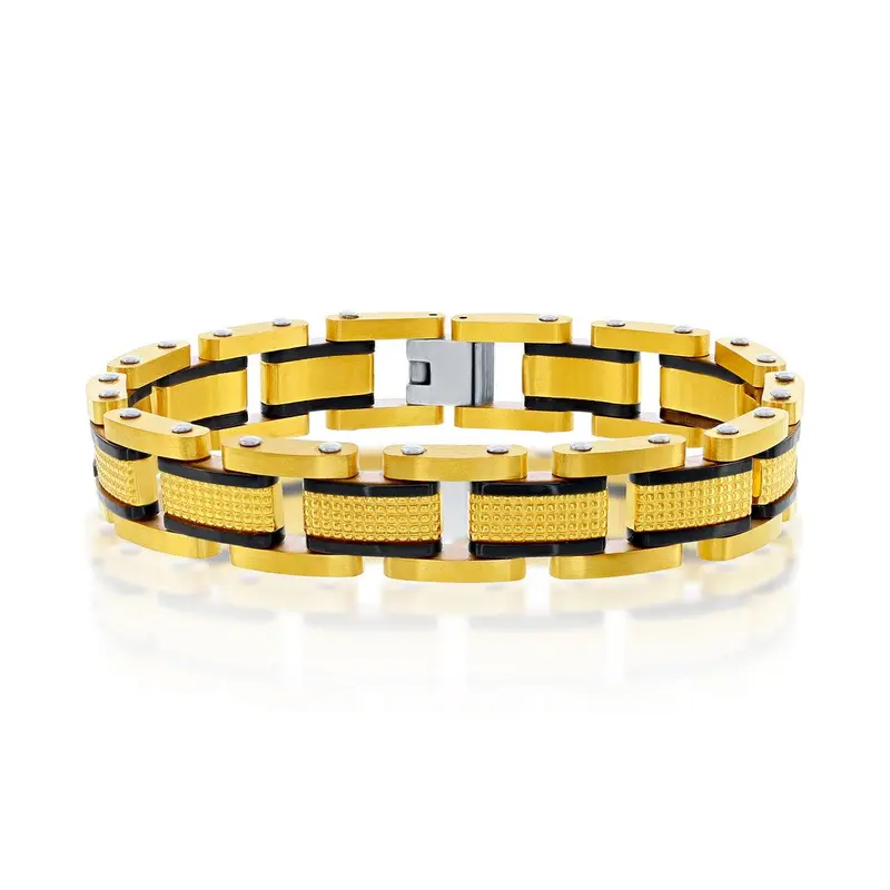 Stainless Steel Textured Link Bracelet - Gold & Black