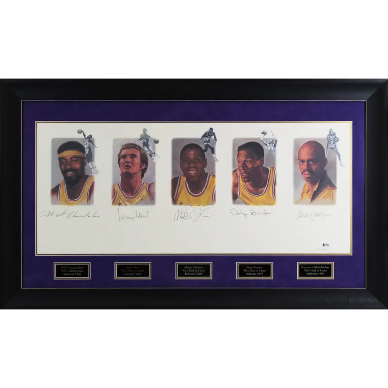 Lakers Legends (5) Chamberlain, Jabbar, Johnson Signed & Framed 22x39 Litho BAS