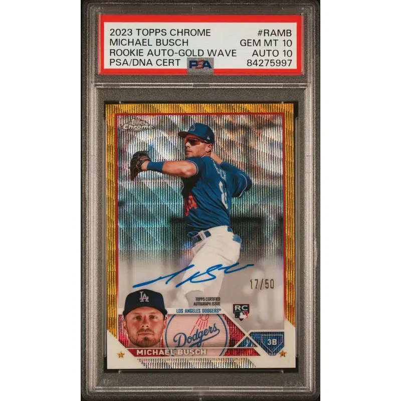 Michael Busch 2023 Topps Chrome Gold Wave Auto #17/50 PSA 10 Auto 10
