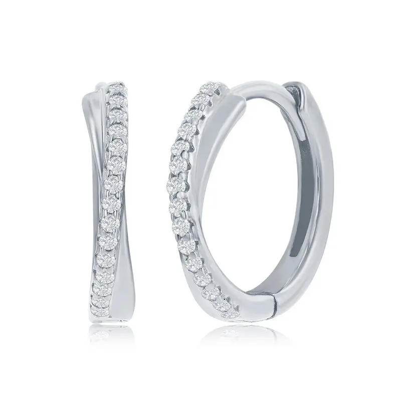Sterling Silver 'X' Deisgn CZ 15mm Huggie Hoop Earrings