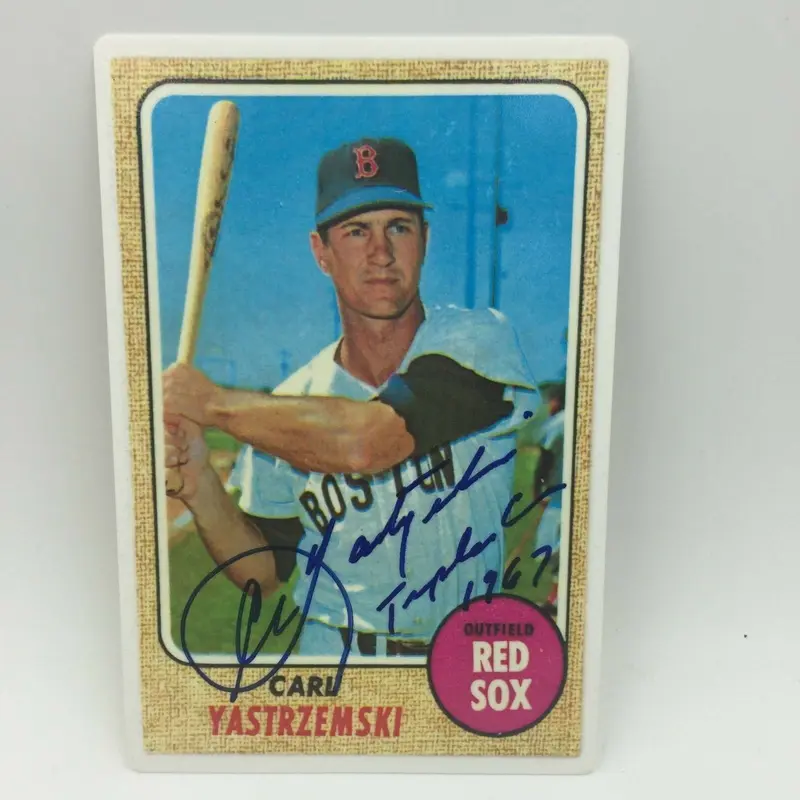 Nice 1968 Topps CARL YASTRZEMSKI Triple Crown 1967 Signed Porcelain Card PSA DNA