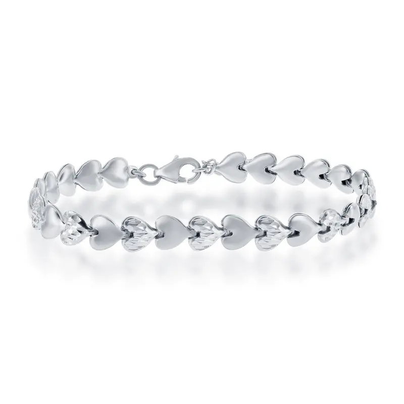 Sterling Silver Alternating Plain and D-C Small Puffed Hearts Bracelet