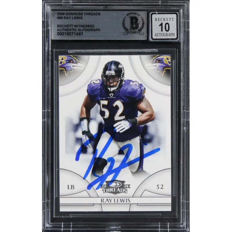 Ravens Ray Lewis Signed 2008 Donruss Threads #99 Card Auto Grade 10! BAS Slabbed