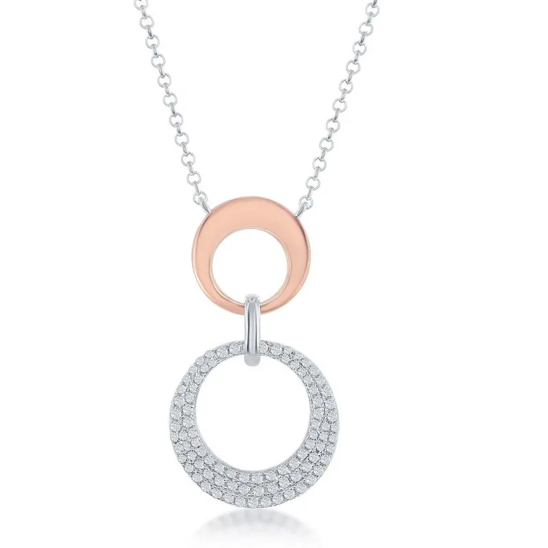Sterling Silver Shiny Open Circle & Mirco Pave Open Circle Necklace - Rose Gold Plated